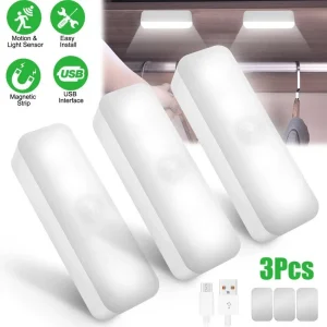 3PCS LED Motion Sensor Under Cabinet Closet Light USB Rechargeable Kitchen Lamp
