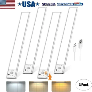 4Pcs LED Motion Sensor Under Cabinet Closet Light USB Rechargeable Kitchen Lamp